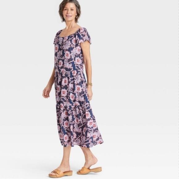 Knox Rose Dress Blue Purple Floral Flutter Sleeve Tiered A-Line Maxi Medium NEW - Picture 1 of 12